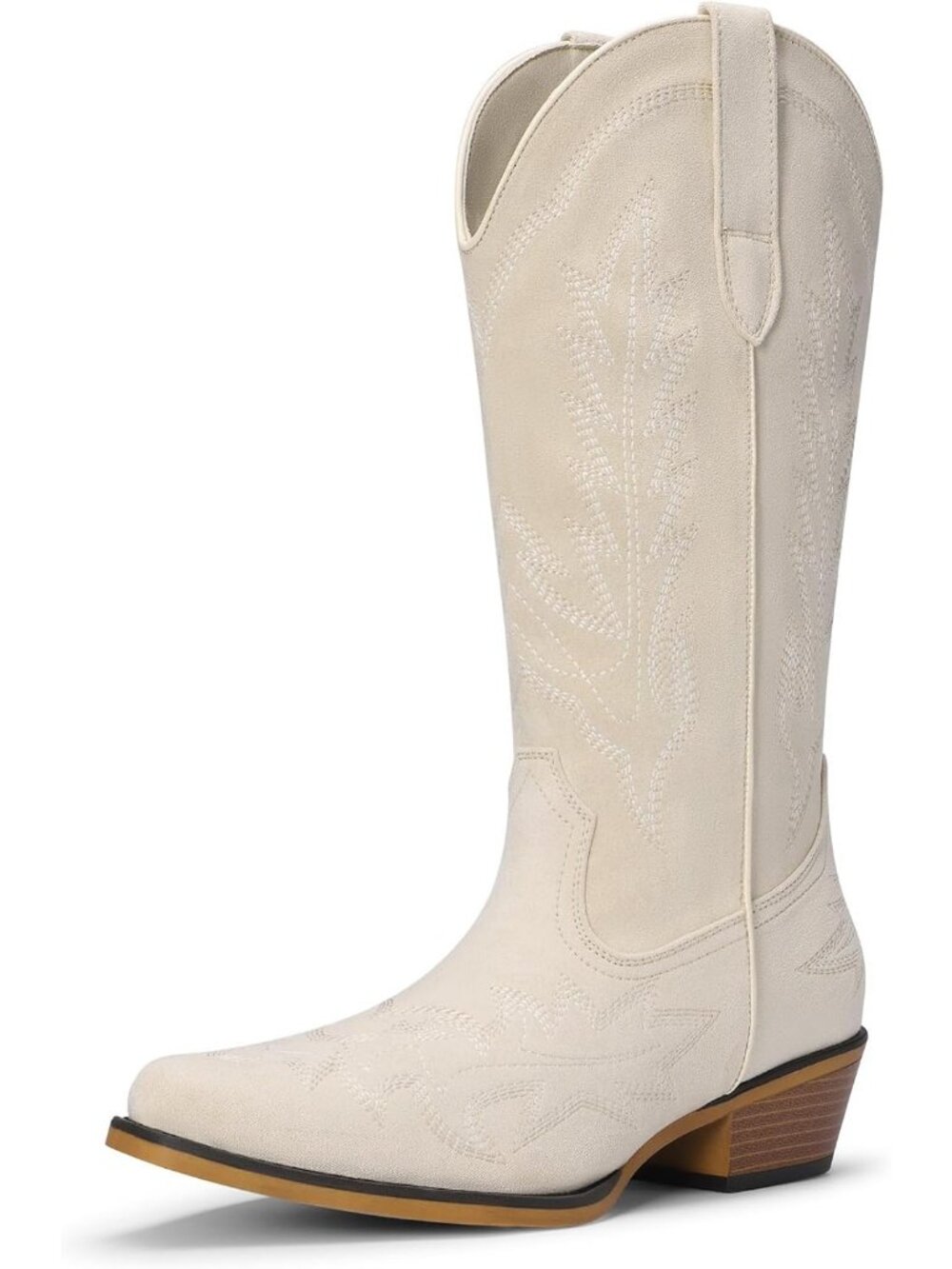 Women's Beige Faux Leather Pointed Toe Western Mid Calf Low Chunky Heel Boots